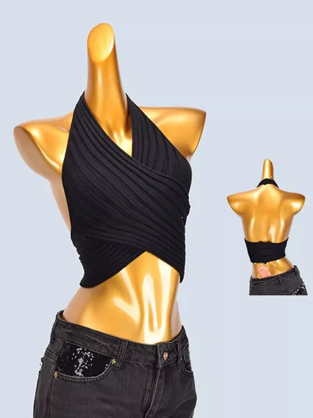 Shein Black Wrap Halter Crop Top